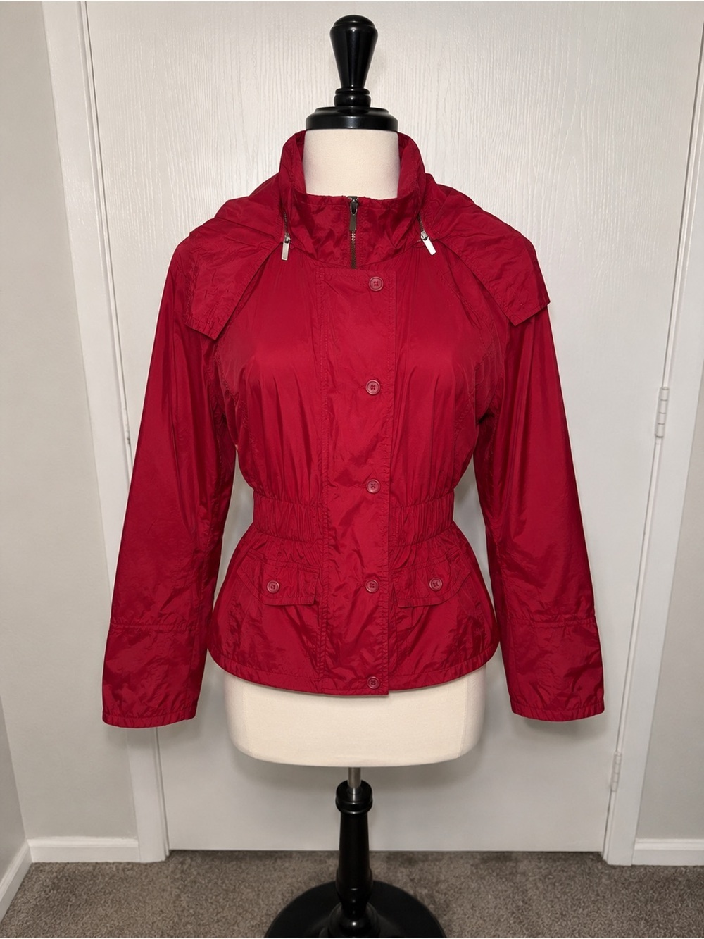 Merona Women’s Red Hooded Utility Jacket Lightweight Zip Detachable Hood Large